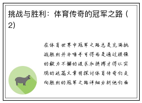 挑战与胜利：体育传奇的冠军之路 (2)